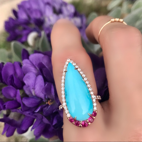 Sleeping beauty turquoise, diamond & ruby ring - Picture 8 of 8